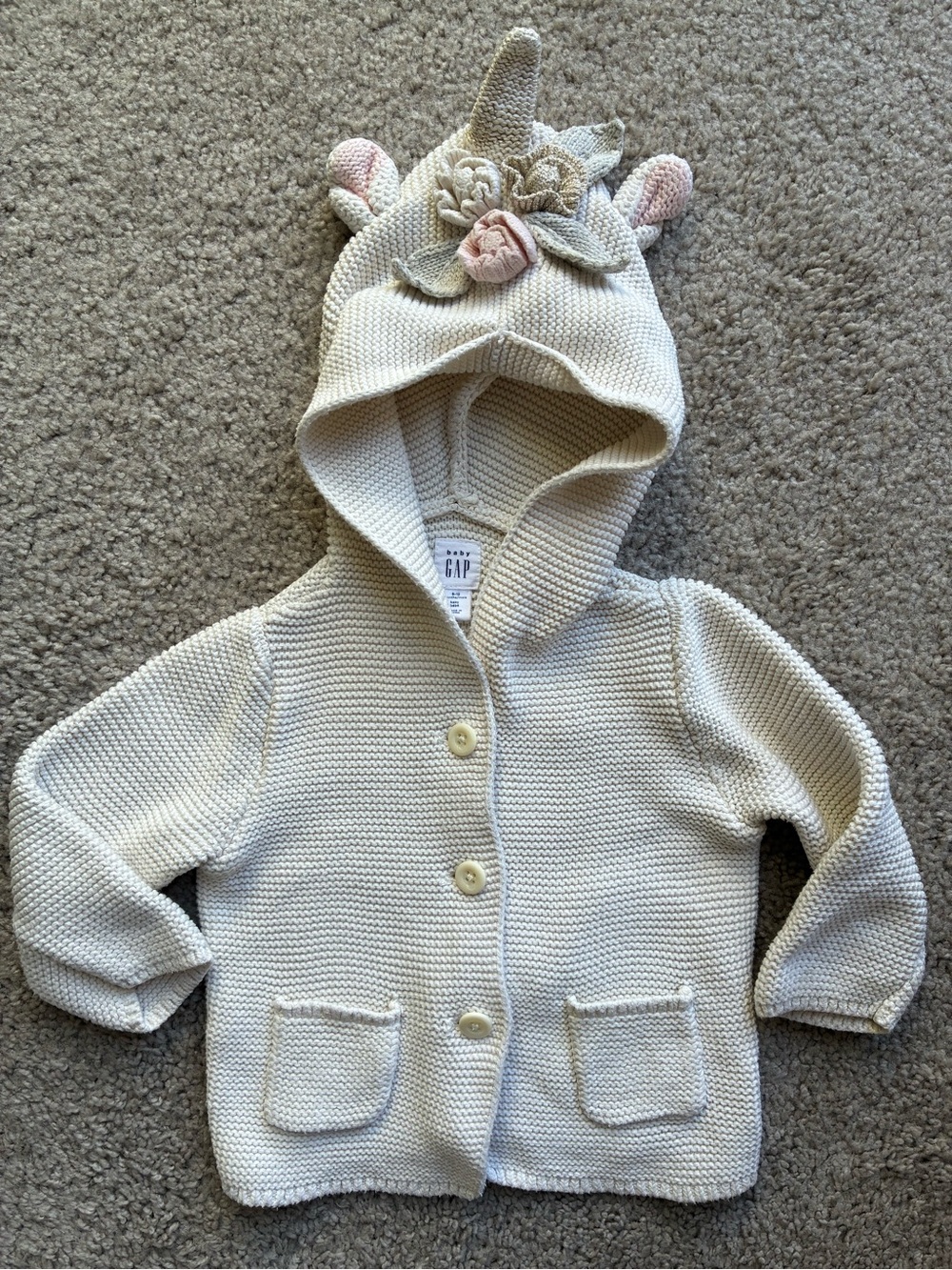 GAP Cream Knit Hooded Unicorn Cardigan with Floral Accent